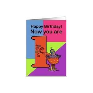  Happy Birthday One Year Old Whimsical Bird Card: Toys 