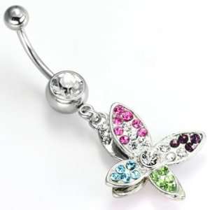 Single Gem Navel Jewelry Multi Color Gem Double Butterfly  14g 3/8 