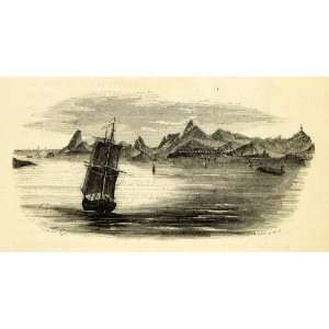  1856 Wood Engraving Ship Sails Mountains Brazil Rio Sugar 