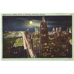 1940s Vintage Postcard Night Scene looking south on Michigan Boulevard 