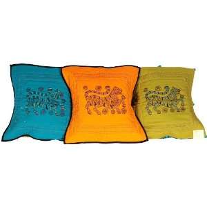  Set of 3 Cushion Covers with Block Printed Tigers and hand 