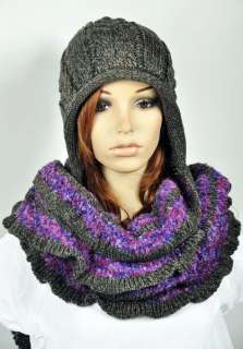   Wool Womens Unisex Winter Ski Hat Cap Scarf One piece Purple  
