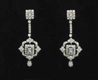 18K White Gold Dangle Earrings w/ Diamonds, Emerald Cut  