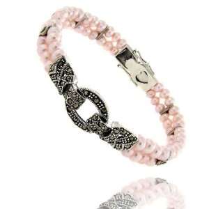  Sterling Silver Pink Pearl Marcasite Bracelet: Jewelry