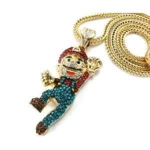 Gold Iced Out Super Mario Pendant with a 36 Inch Franco Chain Mario 