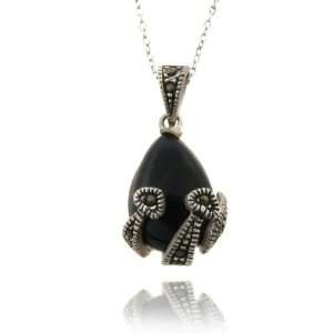  Sterling Silver Marcasite Black Onyx Heart Teardrop Pendant: Jewelry