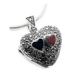    Sterling Silver Marcasite & Onyx Heart Locket Necklace Jewelry