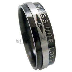 Size 9 Mens Womens Silver & Black Love Message CZ Stainless Steel 