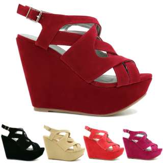 NEW WOMENS SUEDE STYLE WEDGE HIGH HEEL PLATFORM STRAPPY SHOES SANDALS 
