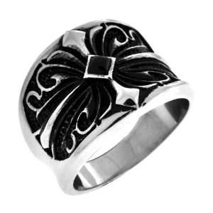 Sovereign Steel Ornate Ring with Gothic Scroll Cross Design and Black 