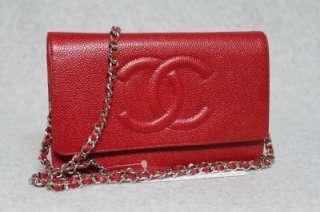 Chanel Classic Wallet On a Chain WOC Cavair CC True Red Leather Bag 