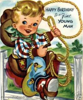 Vintage Magnet Happy Birthday Cowboy Kids #V25  