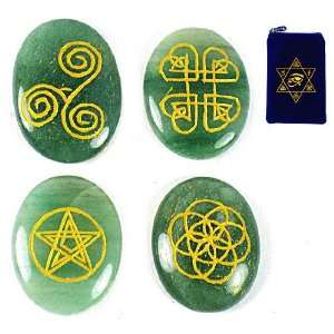 CELTIC STONES SET ~ Set of 4 Green Aventurine Stones w/ Etched Symbols 