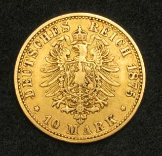 1875, Germany, Prussia, Wilhelm the Great. Gold 10 Mark Coin.  