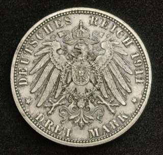 1911, Bavaria, Prince Regent Luitpold. Silver 3 Mark Coin. AU++  