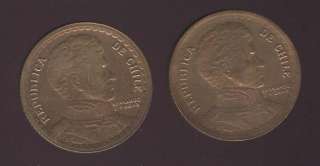 CHILE BEAUTIFUL SET 2 COPPER COINS 1 PESO 1946/7 GREAT  