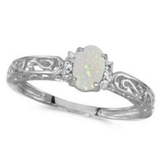 Opal & Diamond Filigree Antique Ring 14k White Gold  
