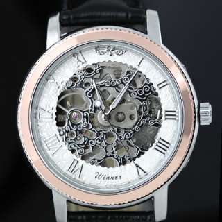   Engrave Silver Dial Skeleton Mechanical Wrist Watch Hand Light Rome