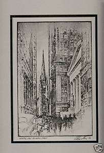 WINTER DAY ON WALL STREET FRAMED ETCHING SIGNED 1939!  