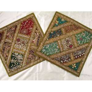  2 Indian Kundan Ethnic Throw Sari Pillow Cushion Covers 