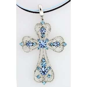   Exquisite Austrian Crystals Aqua Blue Cross Pendant Necklace: Jewelry