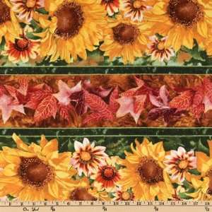 44 Wide Autumn Leaves Floral Border Stripe Green Fabric 