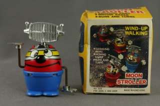 Vintage Metal Tin Litho Wind Up Moon Stroller Space Toy WORKS Original 