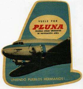 PLUNA Airline   URUGUAY   Scarce Old Luggage Label, 1955  