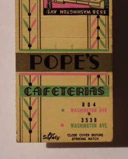 1930s For Safety Matchbook Popes Cafeterias St. Louis MO Missouri 