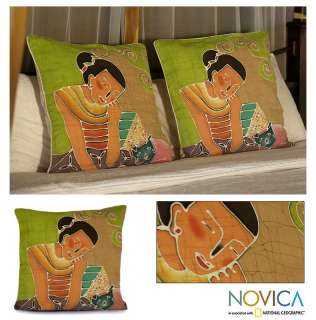 GIRL & CAT~Thai Batik Art Cushion Cover Set NOVICA  