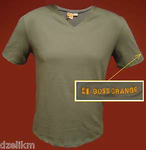   Orange Label by Hogo Boss Mens V Neck Tee Logo T shirt in Olive/Gray