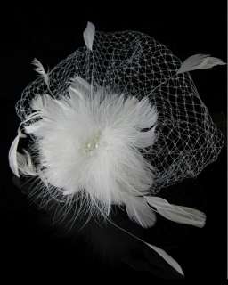 White Birdcage Bridal Veil Feather Fascinator Pearls  