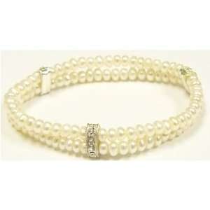    White Pearl 2 Strand Bracelet with Zirconia 