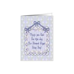  Baby Boy Announcement, Blue Floral, Striped Borders Card 