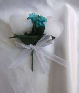   Bouquet Wedding Flowers Bride Groom Corsage Package TURQUOISE WHITE