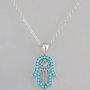 Silver Tone Chain with Hand Pendant Adorned in Turquoise Bead Border