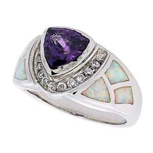  Ring Sterling Silver, Synthetic Opal Inlay Ring, w/ Trillion Cut 