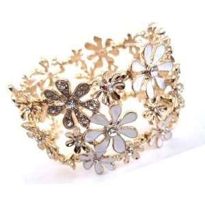 Le Neon Fashion Gold and White Flower Stretch Bangle Cuff Bracelet