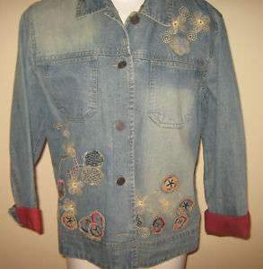   Embroidered Appliqued DISTRESSED JEAN JACKET size 1 AWESOME LQQK