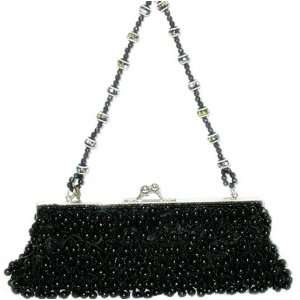   Beaded Satin Evening Bag Purse   Black Beads 