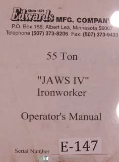 Edwards Operation Parts 55 Ton Jaw IV Ironworker Manual  