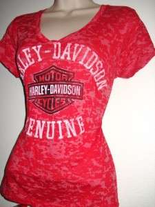 NWT Harley Davidson Ruby Red V Neck Fast Living Burnout Sheer T Shirt 