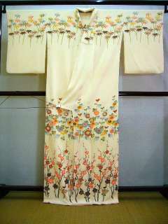 A525I Vintage Japanese Kimono HOUMONGI Off White Bamboos Silk  