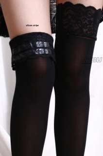   Bow Corset Laceup Over Knee/Lace Thigh Band Silicone Silky Stockings