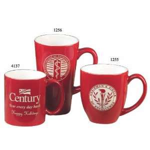  Red ceramic bistro style mug with white interior, holds 14 