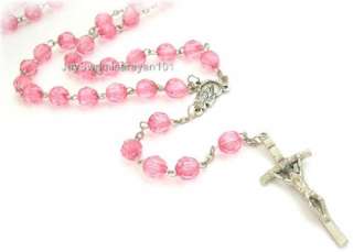 Pink Papal Rosary Beads Necklace 32 Long Miraculous  