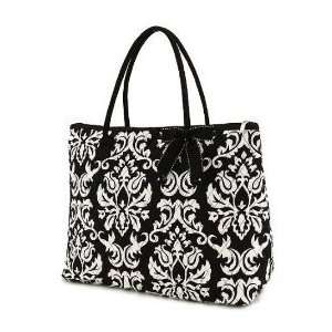  Large Quilted Damask Print Tote Bag   Black and White 