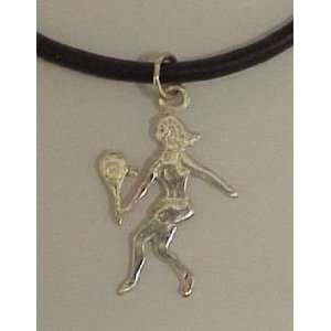  Sterling Silver Female Tennis Player Charm with 18 Black 