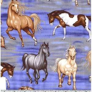  45 Wide Majestic Horses Blue Fabric By The Yard: Arts 