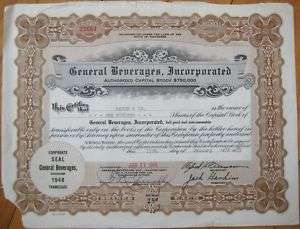 1955 Stock Certificate General Beverages Chattanooga TN  